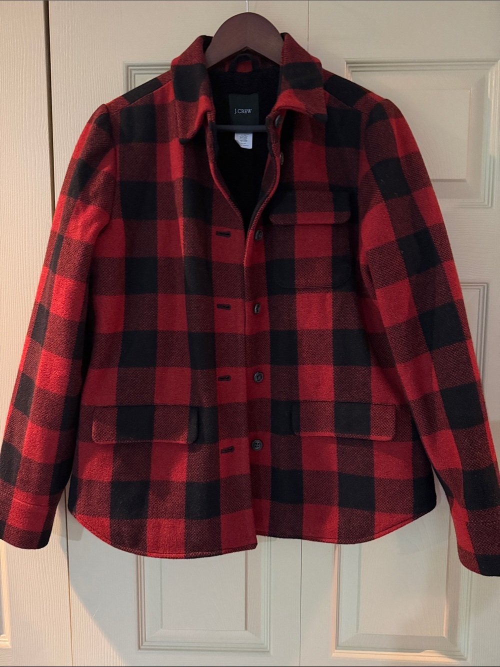 J. Crew Wool Buffalo Plaid Jacket Size 10 Red Black Fleece Lined Shacket